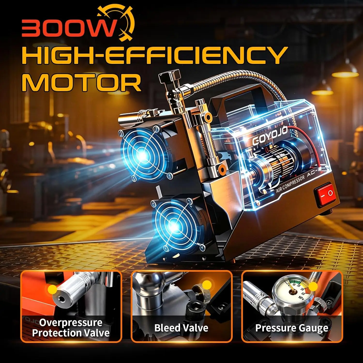 GOYOJO High Pressure Air Compressor 30 MPa 4500Psi Tank Compressor 110V/120V AC with Converter PCP Oil-Free Bicycle Pump for PCP Airguns & HPA Paintball Tanks power socket and car battery power supply