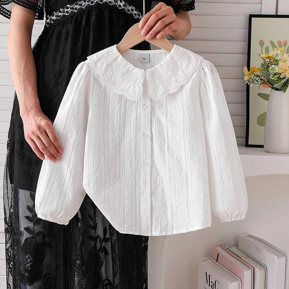 Mädchen-Shirt für 6-12 Jahre, 100% Baumwolle, Langarm, Jacquard-Stickerei, Muschelkragen, Puffärmel, Weiß, Frühling/Herbst Oberteil – Detail 2
