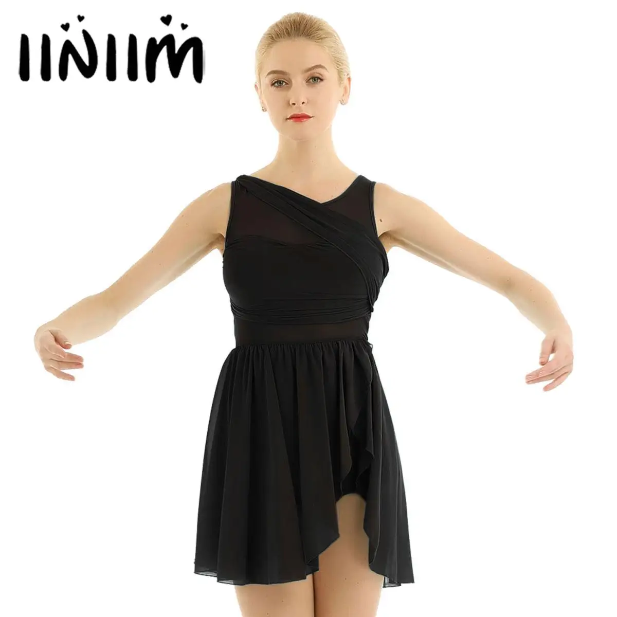 Womens Contemporary Ballet Tight Fitting Jumpsuit Dress Gymnastics Lyrical Dance Costume Sleeveless High Low Skirted Dresses