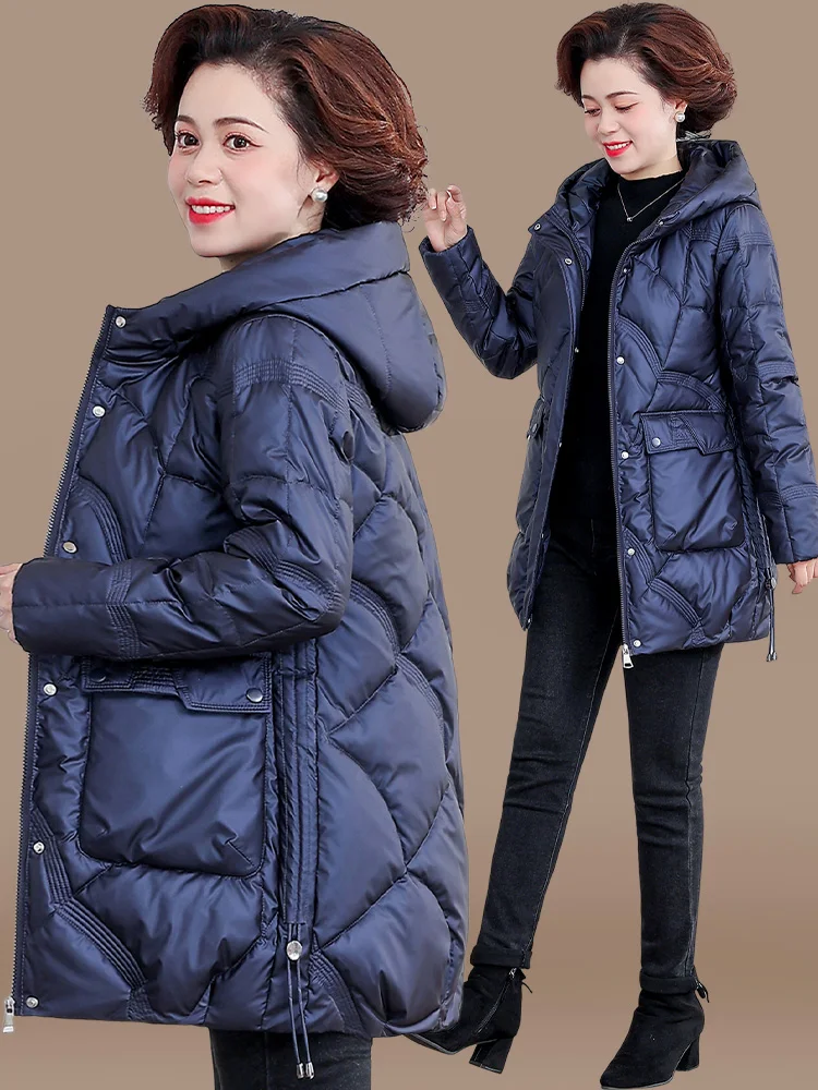 

Модная зимняя куртка средней длины из хлопка и полиэстера для женщин среднего возраста, с блестящей поверхностью