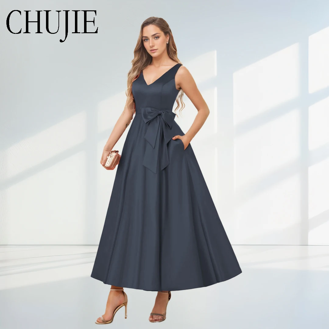 V Neck Mother Of the Bride Dresses For Wedding Satin Wedding Guest Dress With Bow Lace Up Back Sleeveless Formal Evening Gowns