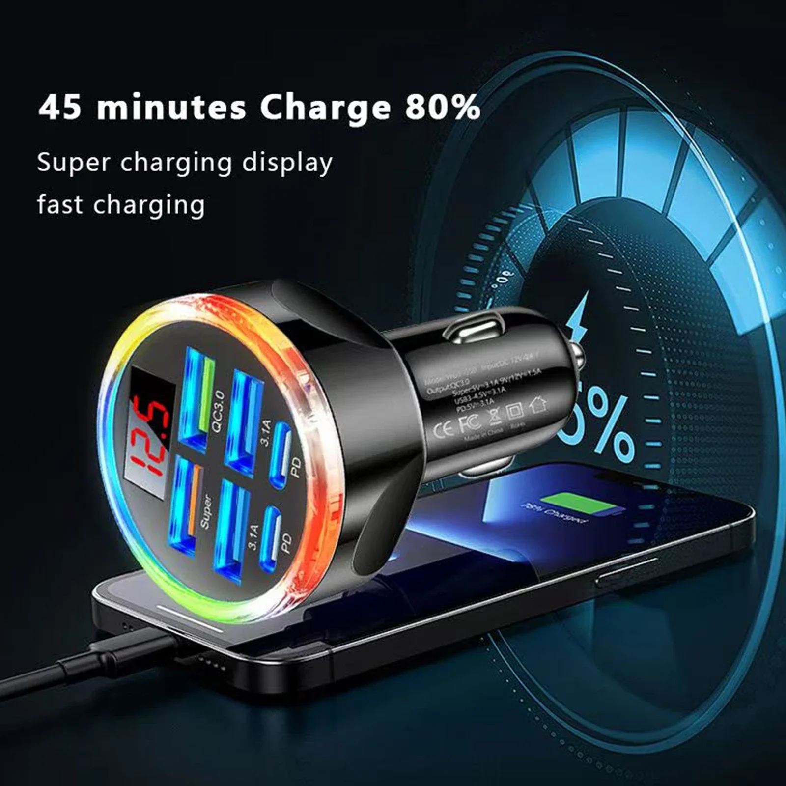 

UYUXIO USB C Car Charger 6 in 1 with Volt Meter Multi Port Super Fast Charge Adapter with Voltage Display for Samsung iPhone