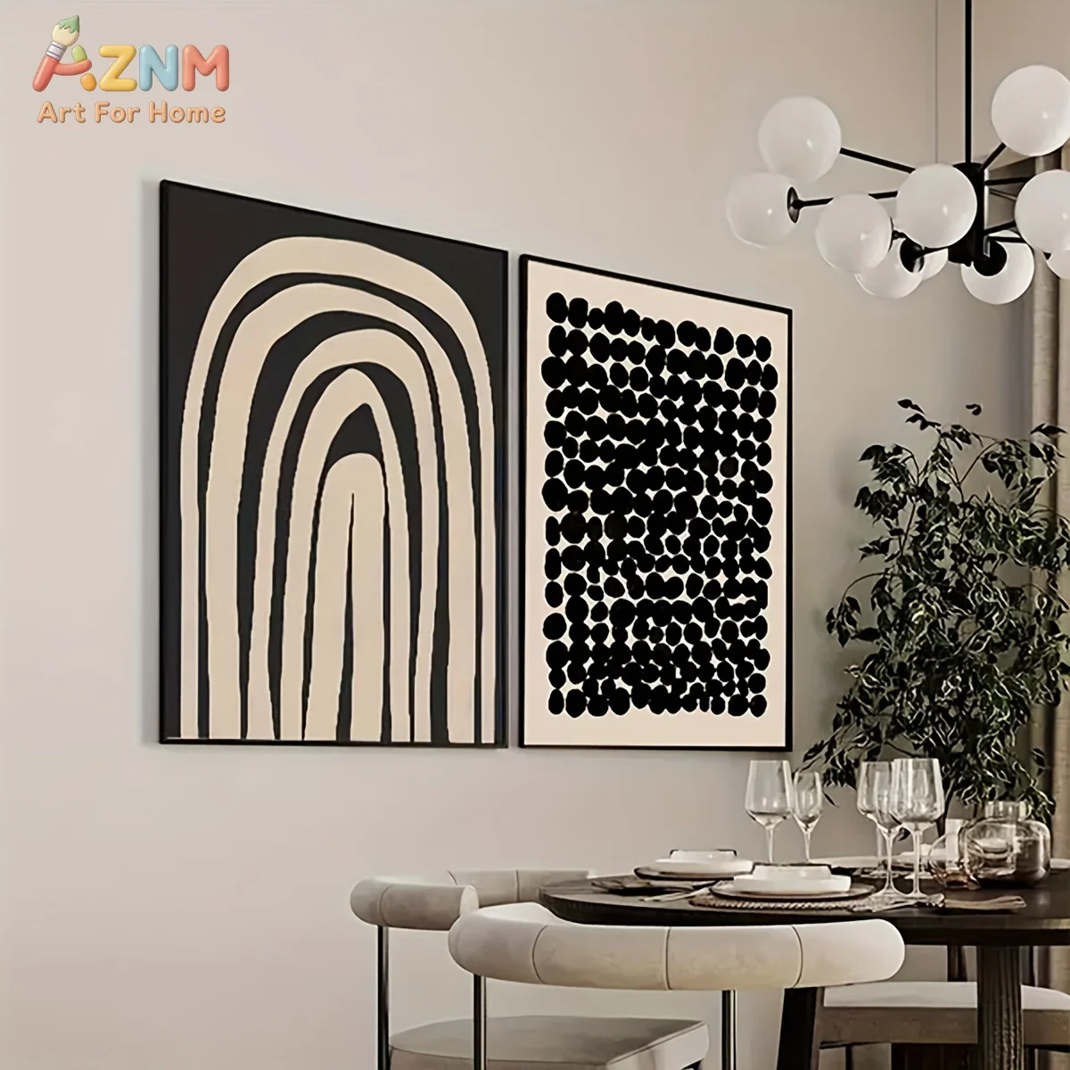 AZNM Abstract Black Beige Geometric Canvas Wall Art Unframed