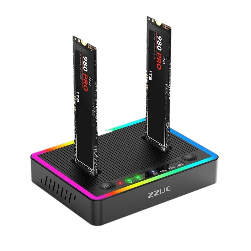 Dual-Bay M.2 NVME/SATA SSD Klon-Dockingstation Offline-Klon-Festplattenadapter M.2 SSD-Duplikator USB GEN2 SSD RGB-Gehäuse