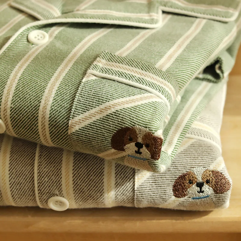 カップル綿パジャマ-2-個パジャマセット刺繍漫画長袖ズボンスーツ-pijamas-秋の新しい女性ホームウェアパジャマ