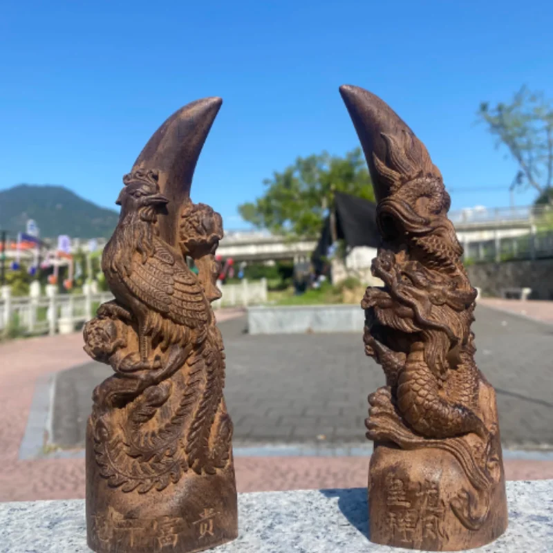 Chinese Dragon & Phoenix Wood Carving - Feng Shui Lucky Statue, Harmony Home Decor Modern Exquisite Handicrafts