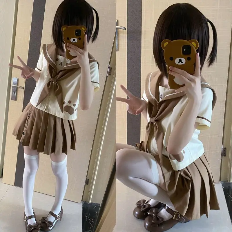 

Japanese Sweet Cute Girls Jk Uniform Short-sleeved Navy Collar Top and Pleated Short Skirt Two Piece Set Womens Outfits