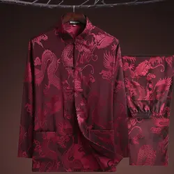 Traje Tang Vintage con diseño de dragón de estilo chino, ropa tradicional china de Kungfu Tai Chi para hombres mayores, conjunto de manga larga de seda