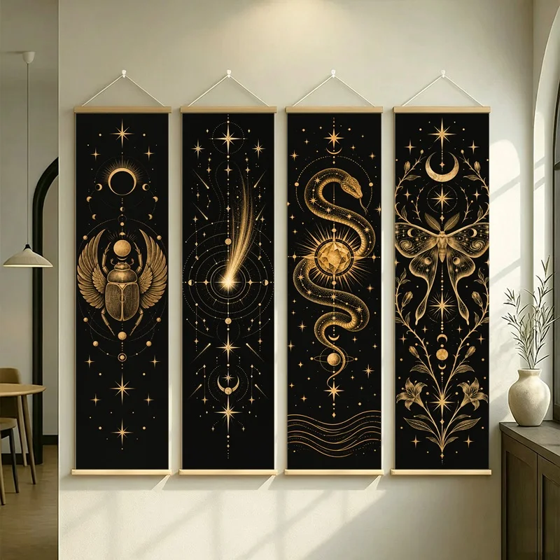 Wall Decor Celestial Orbit Comet Moon and Stars, Mystic Cosmic Pearlescent Canvas Hanging Scroll for Meditation Nook