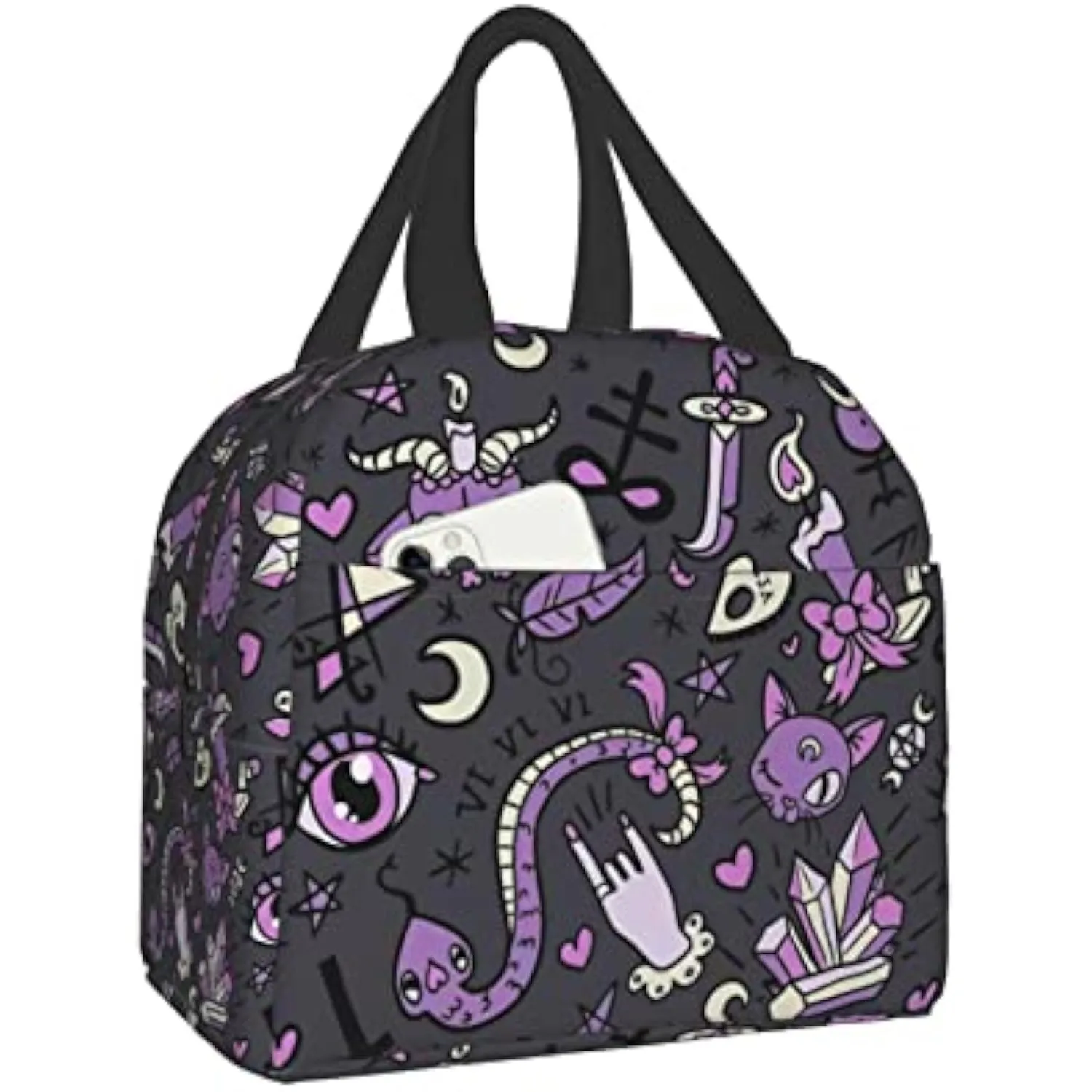 Magic Goth Spooky Print Insulated Lunch Bag Reusable Meal Container For School Work Travel Picnic
