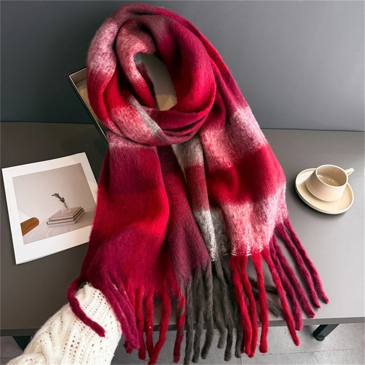 Women Winter Plaid Scarf Oversized Soft Fluffy Thick Shawl Wrap Long Twist Tassel Warm Pashmina Scarves for Streetwear and Daily