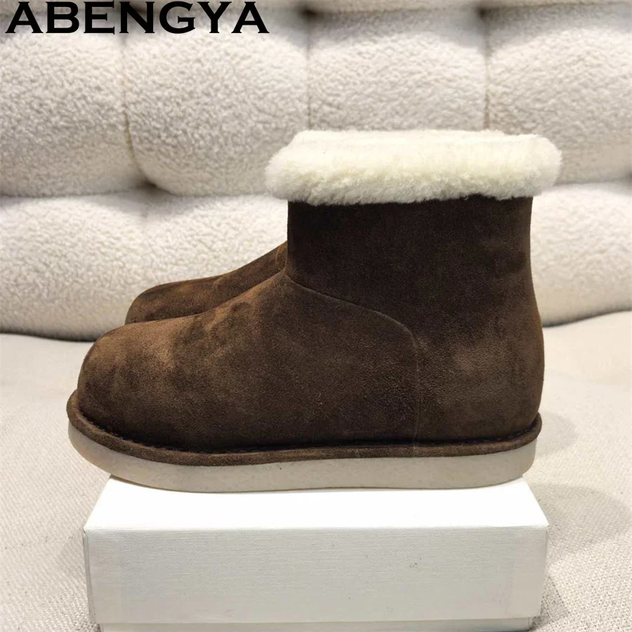 

Новые зимние ботинки с круглым носком на меху для женщин, повседневные теплые ботильоны из толстой шерсти внутри, замшевые кожаные ботинки на плоской подошве в стиле панк Mujer