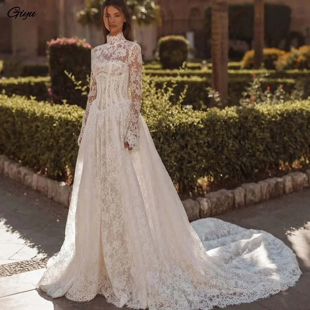 Giyu New 2026 White Wedding Dress High Neck A-Line Full Sleeve Lace Wedding Gowns Luxury Boho Bridal Ball Prom Dress Customised