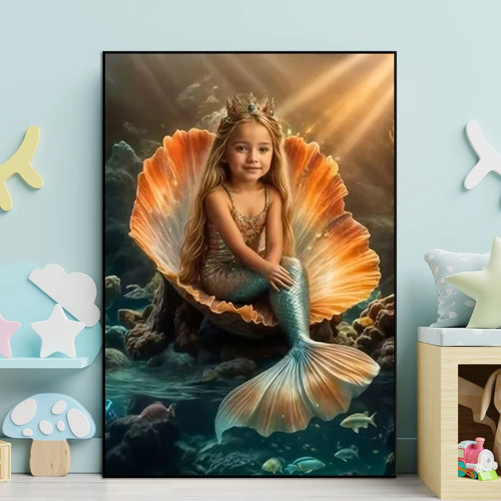 Personalized Custom Mermaid Portrait Charming Girl Poster Fantasy Vivid Underwater Picture Room Wall Art Decor Canvas Print Gift