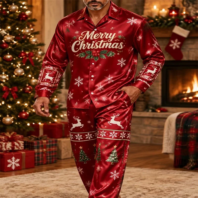 Men's Christmas Satin Pajama Set Red Long Sleeve Button Down Shirt&Pants Merry Christmas Reindeer Print Sleepwear Holiday Lounge