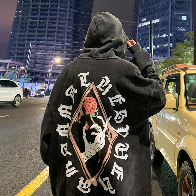 

Мужская утепленная толстовка с капюшоном на флисовой подкладке, свободного кроя, осенняя спортивная одежда, повседневная модная городская куртка с принтом, плотная ткань