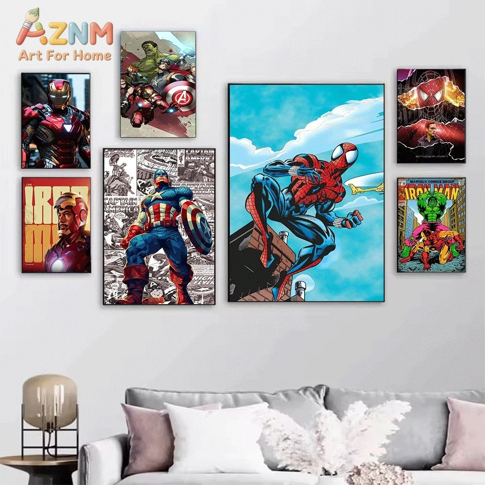 AZNM Iron Man And Spider‑Man Flying Over City Canvas Wall Print, Superhero Dynamic Urban Scene Modern Comic Pop Graphic Art Po