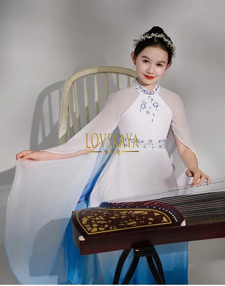 Chinesische Art Kinder Kleid Mädchen super unsterblichen Chor Host Kleid langen Rock Kunst Prüfung Guzheng spielen Performance-Kleid