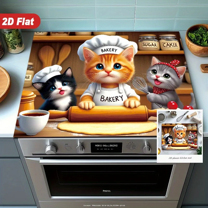Cartoon Cat Bakers Stove Top Cover, Heat Resistant Non-Slip Mat, Washable 2D Kitchen Stove Decor for Electric & Gas Ranges