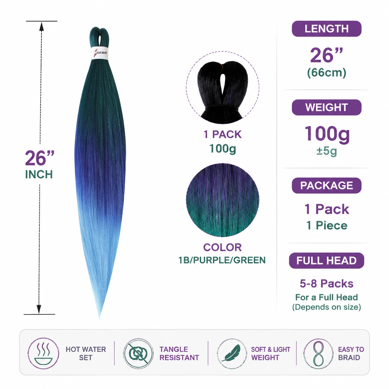 26 Zoll Synthetische Flechthaar-Faser Weiche Leichte Haarverlängerungen für DIY Box Braids Heißwasser-Fixierung für Damenfrisuren – Detail 3