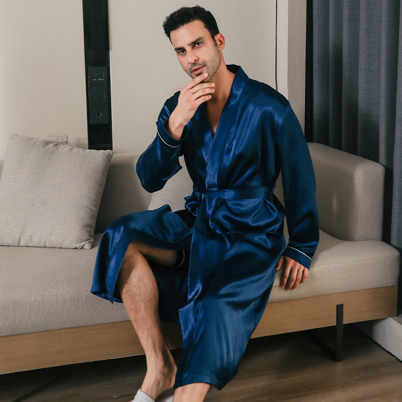 Pajama men\'s spring and autumn silk thin style oversized pajamas long sleeved bathrobes ice silk bathrobes home clothing summer