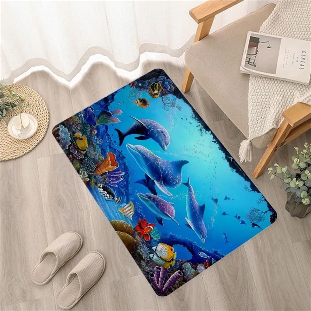 Underwater World Dolphin Turtle Floor Floor Mat Rectangle Anti-slip Home Soft Badmat Front Door Outdoor Mat Welcome Doormat