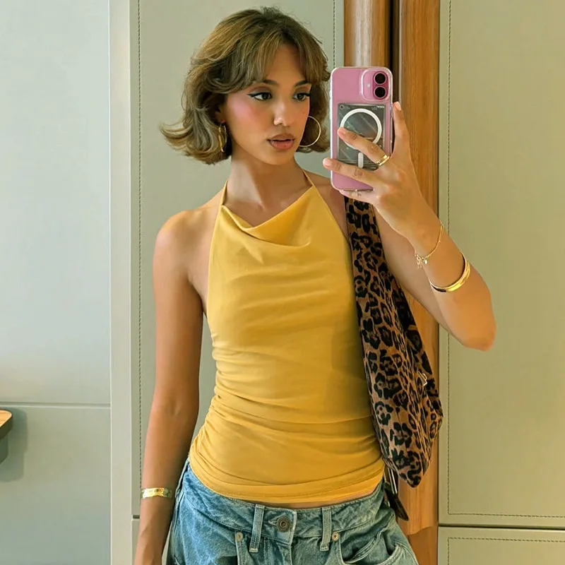 Elegant สีทึบ Backless SHEER ตาข่าย Halter TOP สําหรับผู้หญิงสไตล์และเซ็กซี่แฟชั่นสวมใส่สบายๆ Elegant เสื้อกล้ามแขนกุด