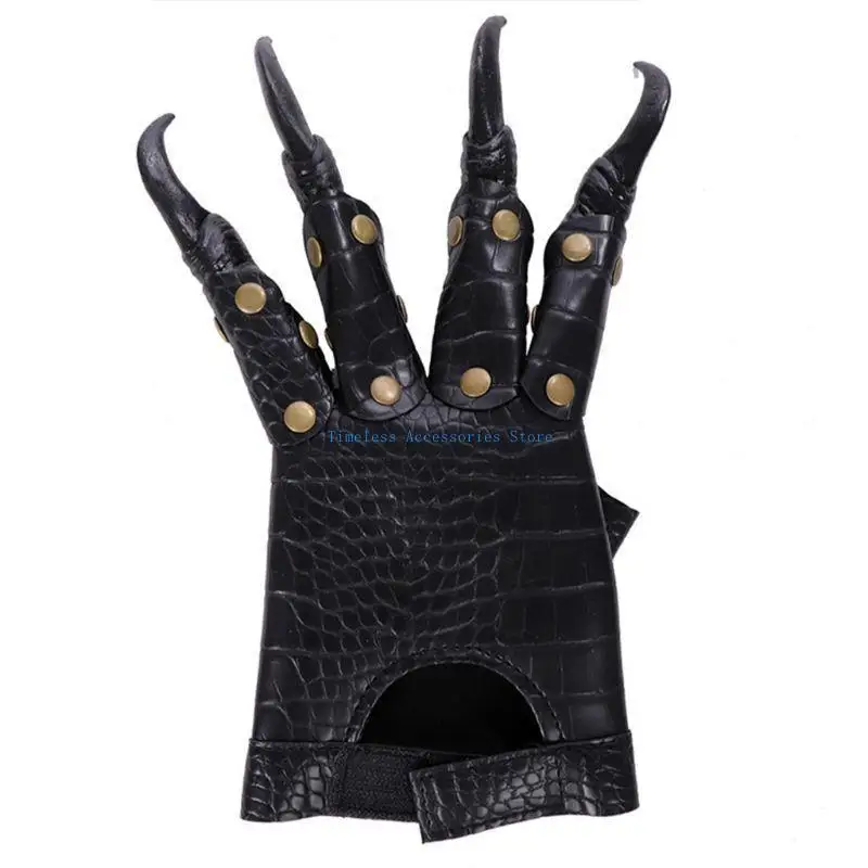 

97QE Unisex Gothic Punk Halloween Dragon Claw Gloves Metal Studded Long Finger Faux Leather Mittens Cosplay Costume