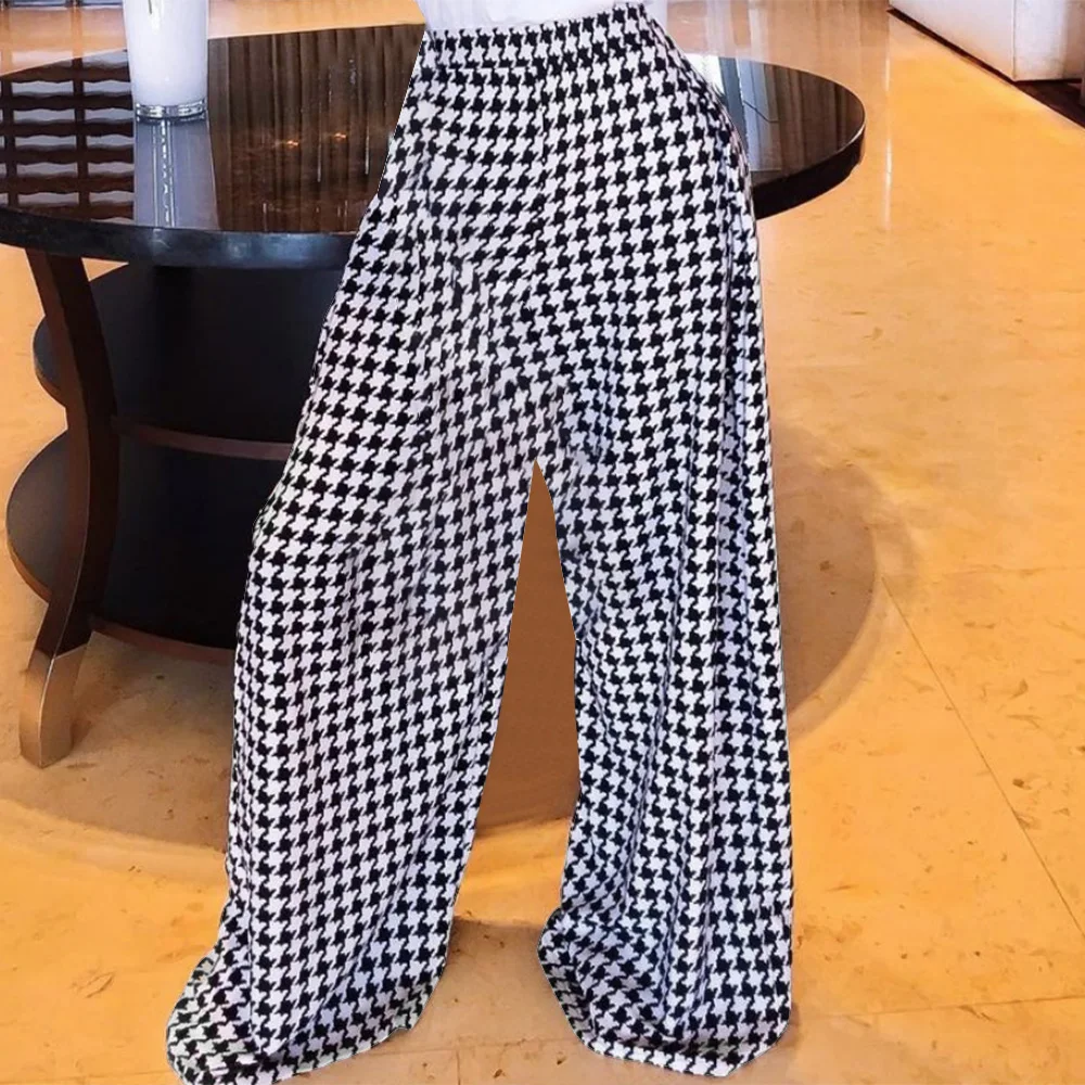 Modigirl Trendy Clothing  Autumn Women's Houndstooths Long Pants High Waisted 2024 Winter Loose Wide Leg Woman Plaid Trousers