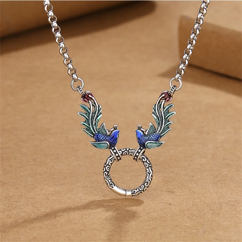 

Vintage Enamel Colored Lotus Phoenix Pendant Women Jewelry Blessing Auspicious Clouds Buckle Necklace For Lady Choker Accessory