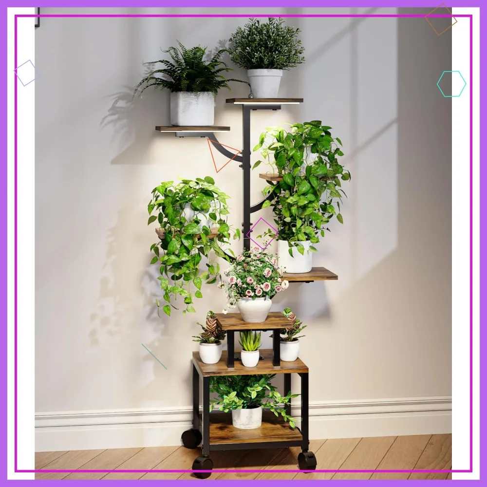 

7-Tier Indoor Plant Stand with Grow Lights and Wheels, Adjustable Metal Wood Shelf for Home Garden Patio, 41" Tall