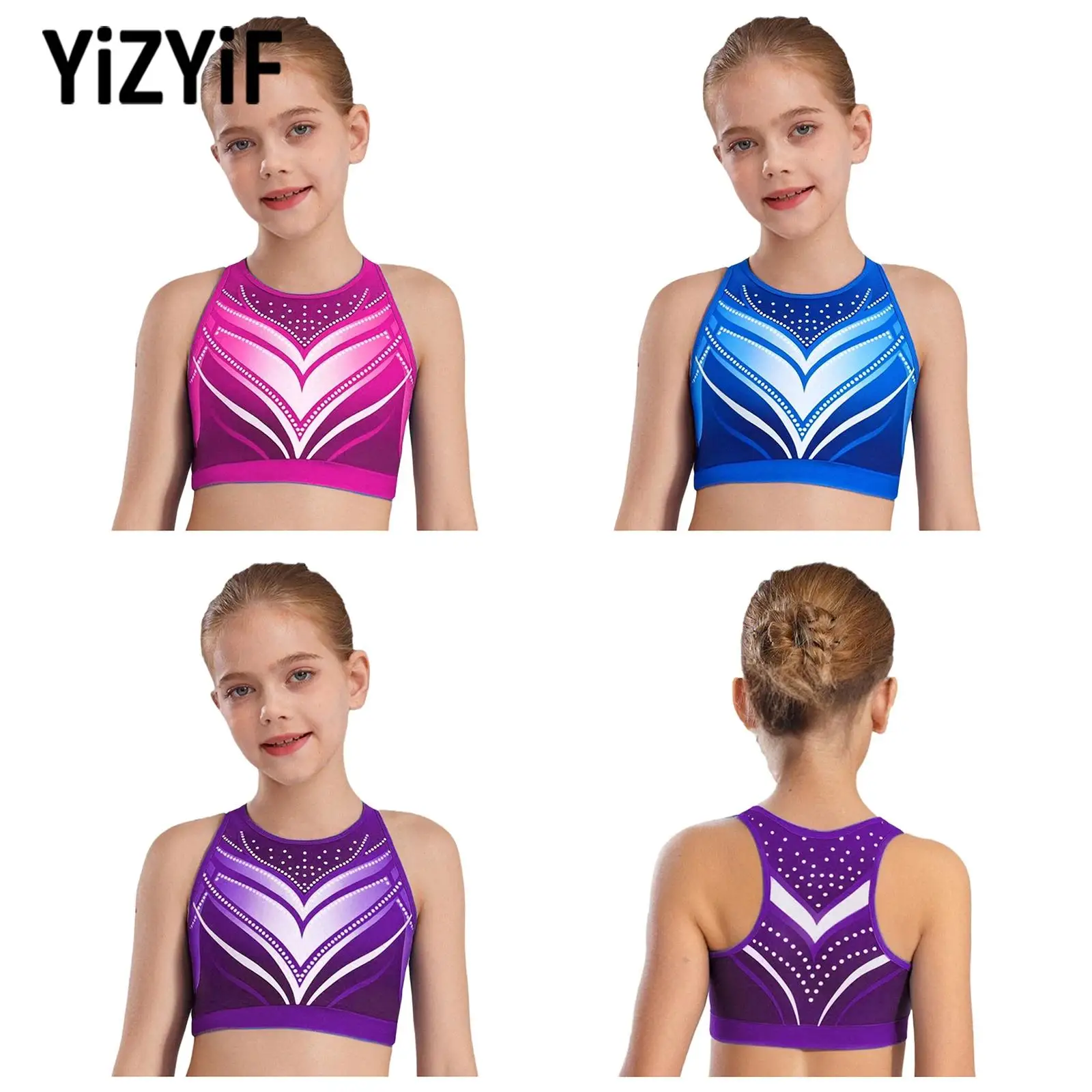 

Children Stylish Tops Kids Girls Gymnastics Dance Top Round Neck Sleeveless Contrast Color Printed Athletic Vest Yoga Sportswear