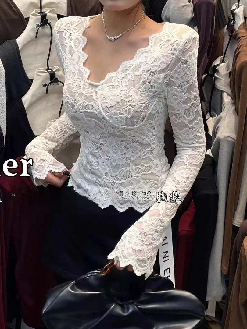 

Sexy Fleece Lined V Neck Lace Trim Bralette Short Long Sleeve Base Shirt White Slim Fit Floral Top for Women