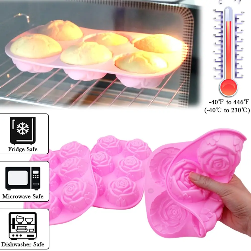 BAKER DEPOT Silicone Mold for Handmade Soap Cake Jelly Pudding Chocolate bakery 6 Cavity Rose Flower Design,Set of 2 Pink view 3