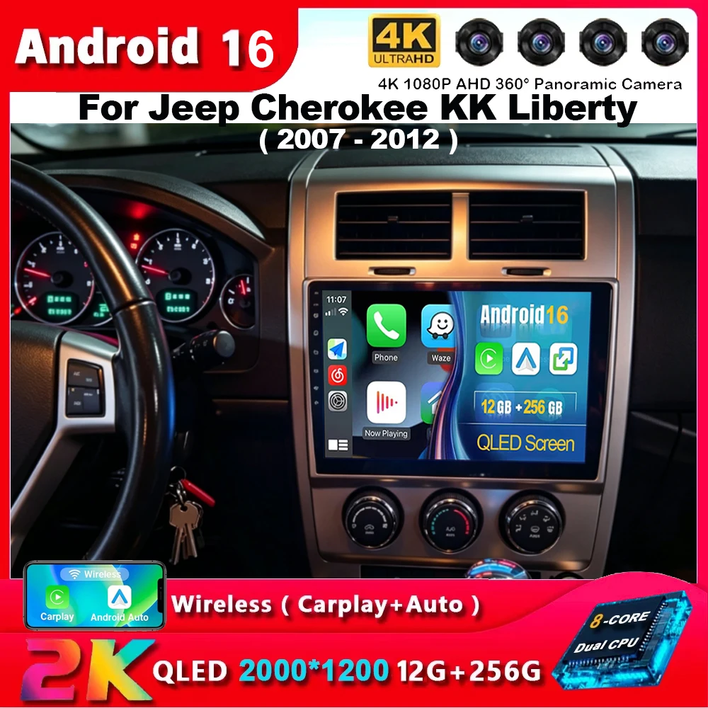 Radio Multimedia para Auto con Android 16, Carplay+Auto para Jeep Cherokee KK Liberty 2007-2012, Reproductor de Video, Navegación GPS, 4G, Autoradio