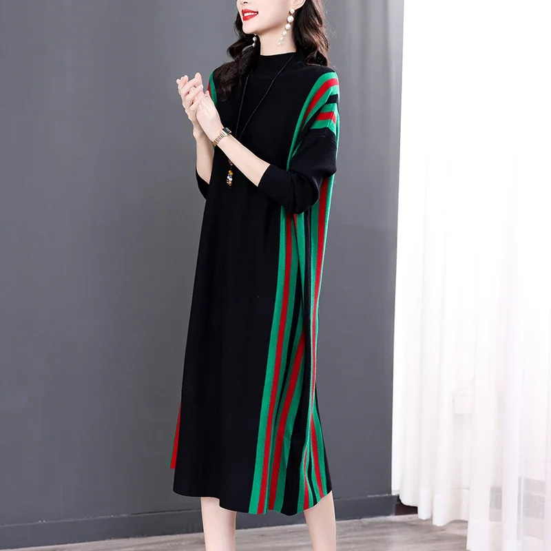 

Winter Green Casual Knitted Sweater&Jumpers Autumn Elegant Vintage O-Neck Pullovers Women Bodycon Wool Sweater Midi Dresses