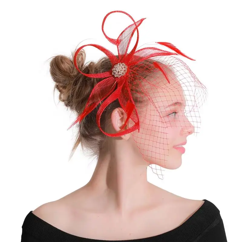

Red Sinamay Women Wedding Veils Fasciantor Hat Accessories Bridal Married Fashion Mesh Headwear Hair Clips Elegant Ladies Party