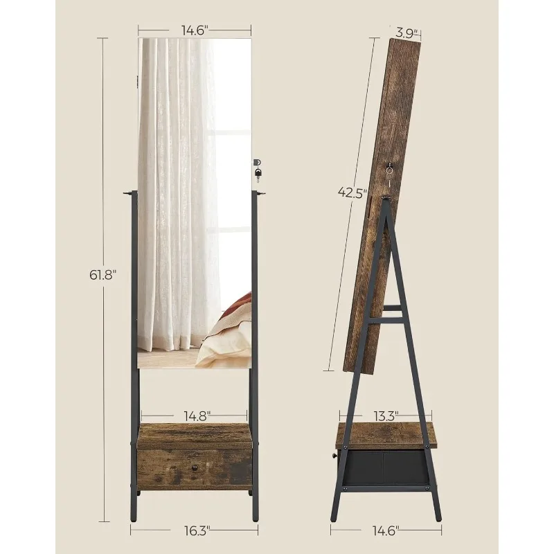 Cabinet Standing, Lockable Jewelry Armoire with Full-Length Mirror, Space-Saving Jewelry Organizer with Mirror, Bottom