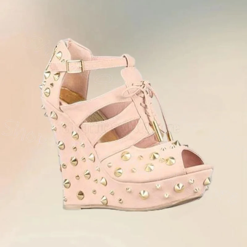 الذهب المسامير الأبيض أسافين كعب صنادل أرضية مشبك حزام أحذية النساء اللمحة تو موضة الحفلات المواعدة 2025 Zapatos Para Mujere