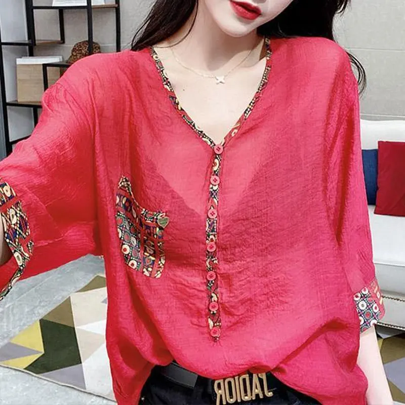 Streetwear Solid Color Fashion Printed Patchwork Blouse All-match Summer Casual V-Neck Button Female Clothing Korean Loose Shirt