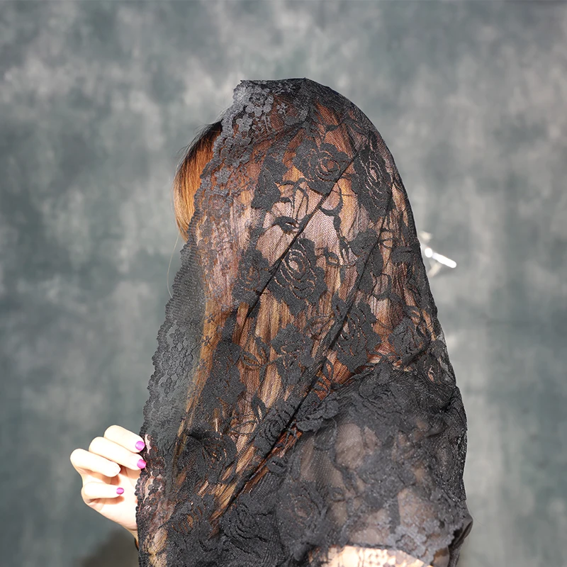 Mantilla de velo de encaje negro para Iglesia, cabeza de misa latina católica que cubre Vela Mantilla Negra Voile Dentelle Vela Negra Mantilla