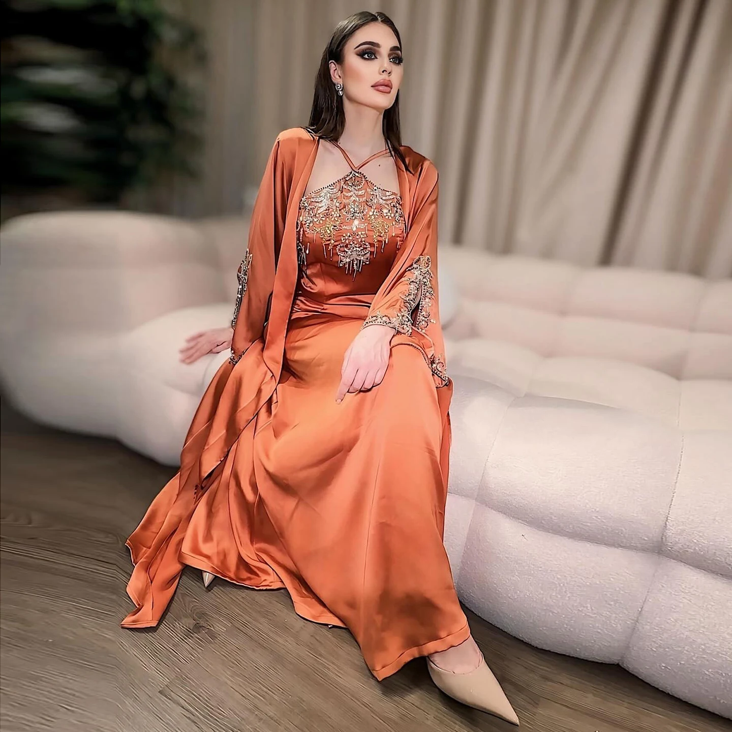 

Sharon Said Arabic Orange Halter Evening Dresses with Cape Luxury Dubai Women Green Wedding Formal Party Gowns SS301 Customized