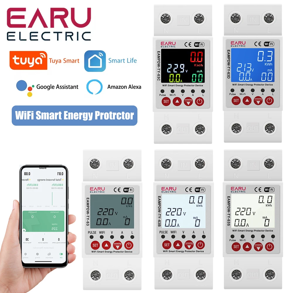 2P 63A 230V Tuya WiFi Smart Energy Meter Power kWh Meter Earth Leakage Over Under Voltage Protector Relay Device Switch Breaker