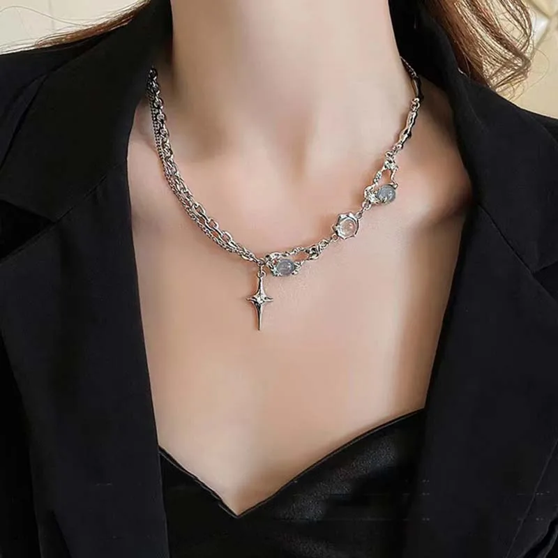 Funkelnde Mondlicht-Stein-Anhänger-Halskette für Frauen, Sternenlicht, unregelmäßige lange Quastenkette, Halsreifen, Accessoires, Modeschmuck – Detail 16