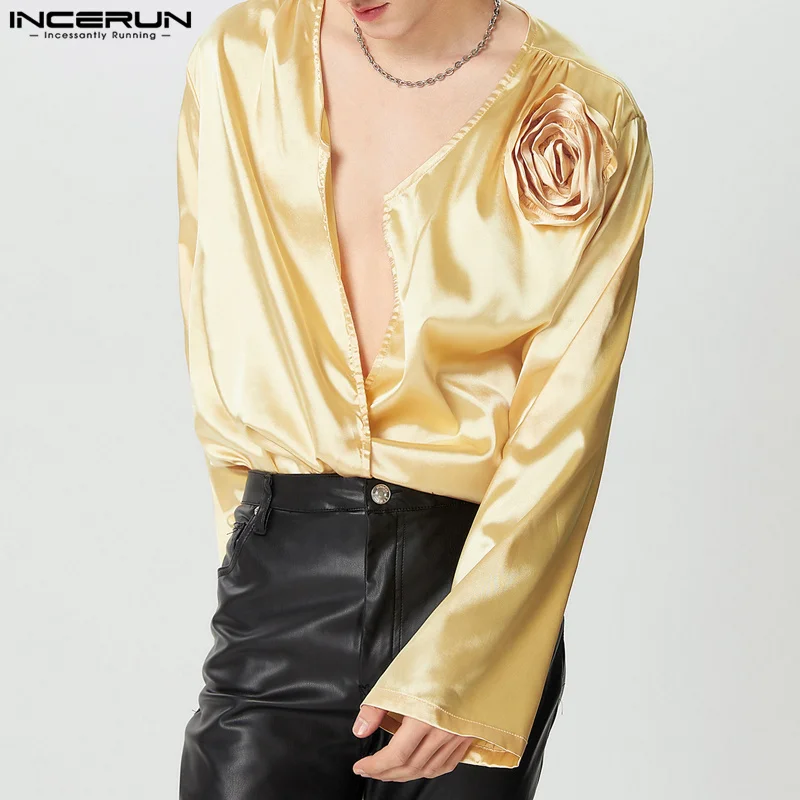 INCERUN Men Shirts Solid Color Satin V Neck Long Sleeve Casual Men Clothing Flower Loose Streetwear 2024 Fashion Camias S-5XL