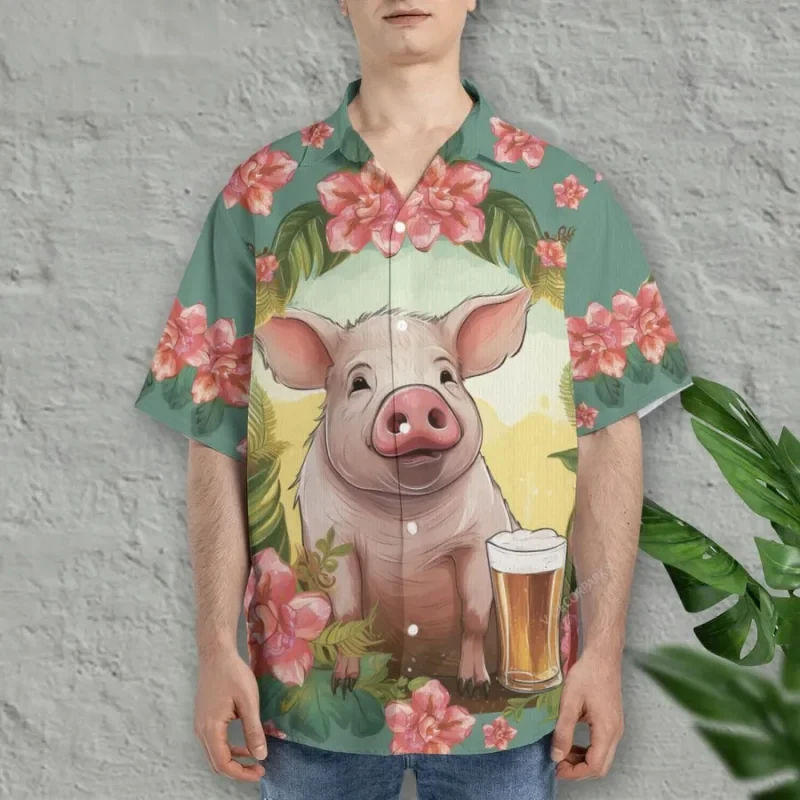 

Hawaii Funny Shirt For Men Cute Pig 3d Printing Summer Hawaiian Beach Tops Casual Short Sleeve Lapel Blouse Street Male Clothing