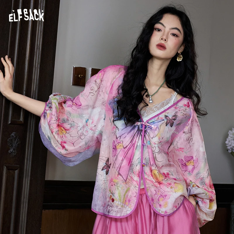 ELFSACK Floral Butterfly Print New Chinese Blouse, Gothic Court Lantern Sleeve Frog Button Top, Sweet Daily Shirt for Women