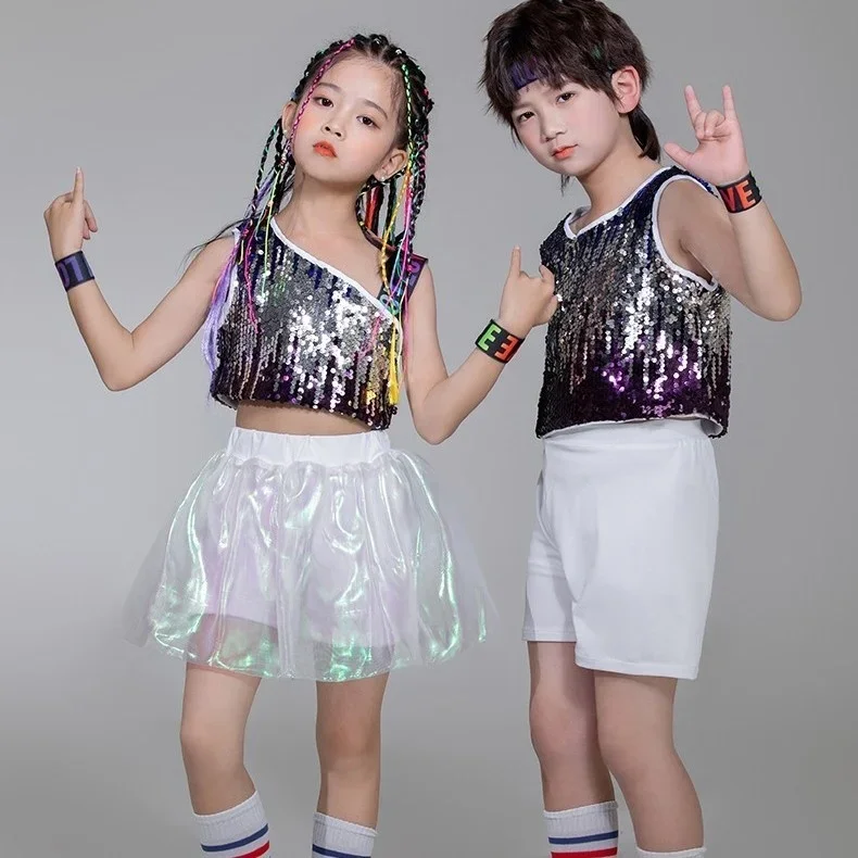Kinder Pailletten Street Dance Mode Kleidung Hip Hop Mädchen Jazz Dance holographische Cheerleading Performance Kleidung