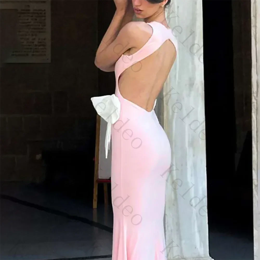 Customized Women Bodycon Mermaid Evening Dress O-Neck Backless Sleeveless Bow Detail Elegant Party Prom Gown in Custom Color