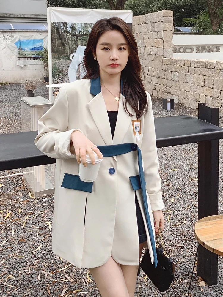 Women White Gothic Blazer Elegant Vintage 90s Fashion Coat with Belt Y2k Suit Jacket Harajuku Long Sleeve Outwear 2000s Clothes